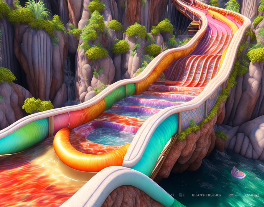 Vibrant Fantasy Water Slides in Rocky Landscape