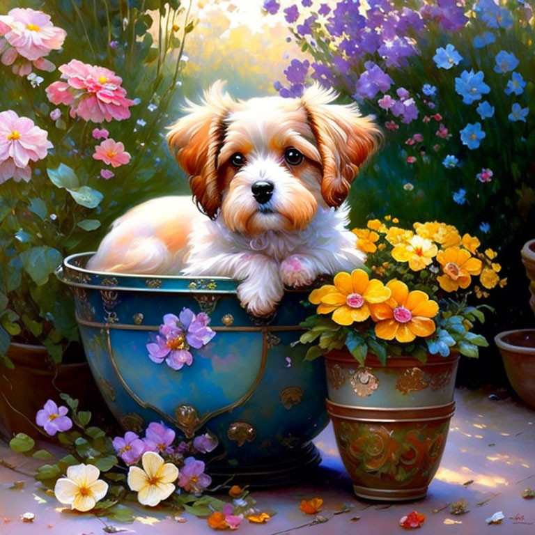 Fluffy White and Tan Dog in Blue Bowl with Colorful Flowers