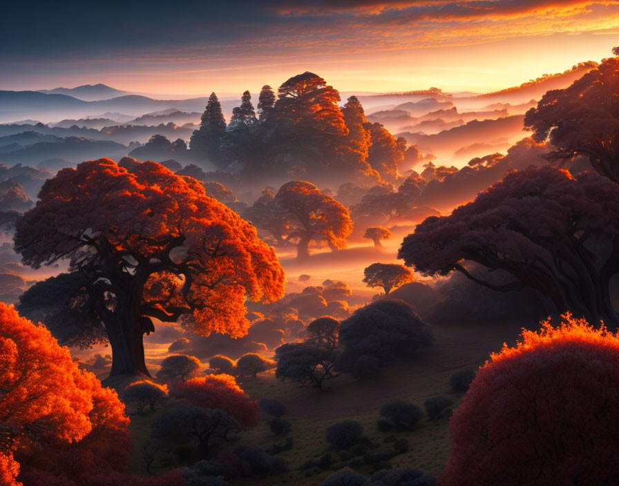 Vibrant red foliage and mist-covered hills at sunrise