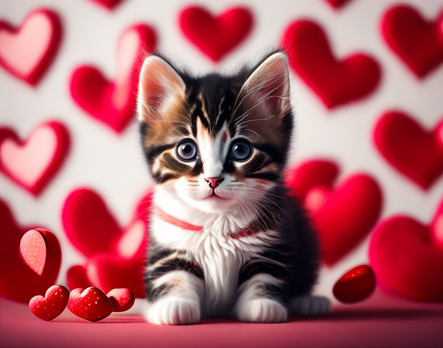 Adorable kitten with red collar surrounded by hearts