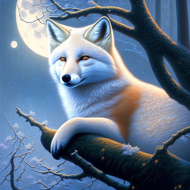 White Fox Resting on Tree Branch Under Moonlit Night Sky