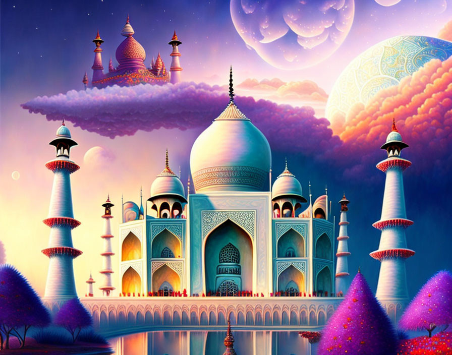 Vibrant illustration of Taj Mahal-like palace with spires and floating islands