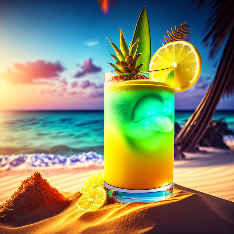 Tropical cocktail with lemon slices and pineapple garnish on sandy beach at sunset