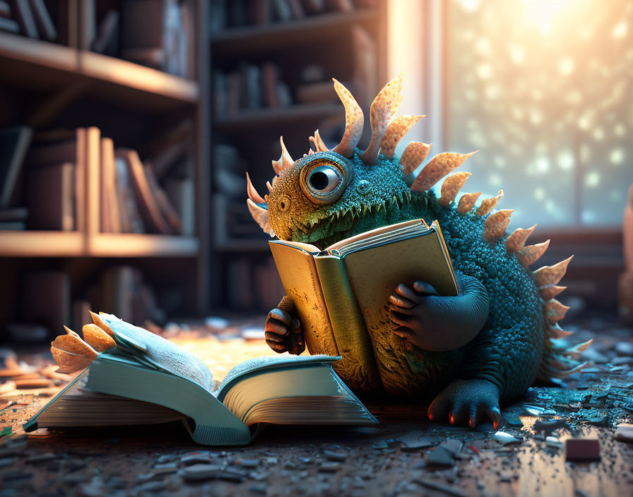 Dragon-like creature reading book in cozy sunlit room surrounded by shelves.