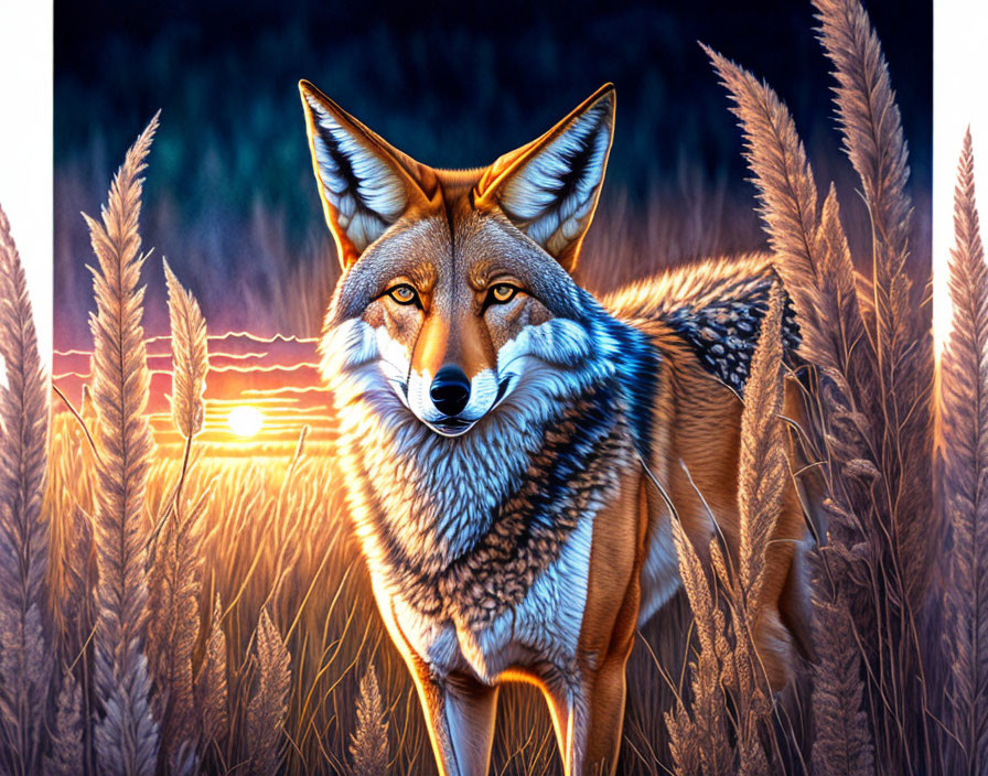 Detailed Fox Illustration in Tall Grass at Sunset