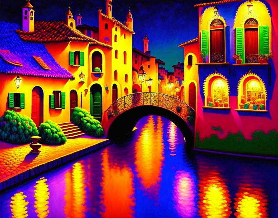 Colorful Painting: Whimsical Village Reflections at Twilight