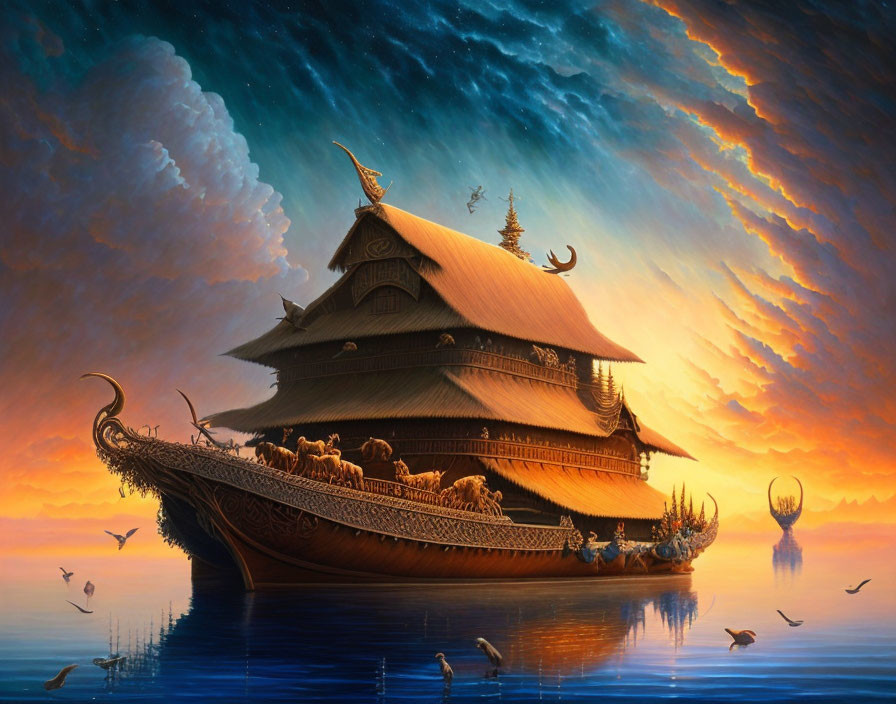 Traditional ornate ship sailing on calm waters at sunset