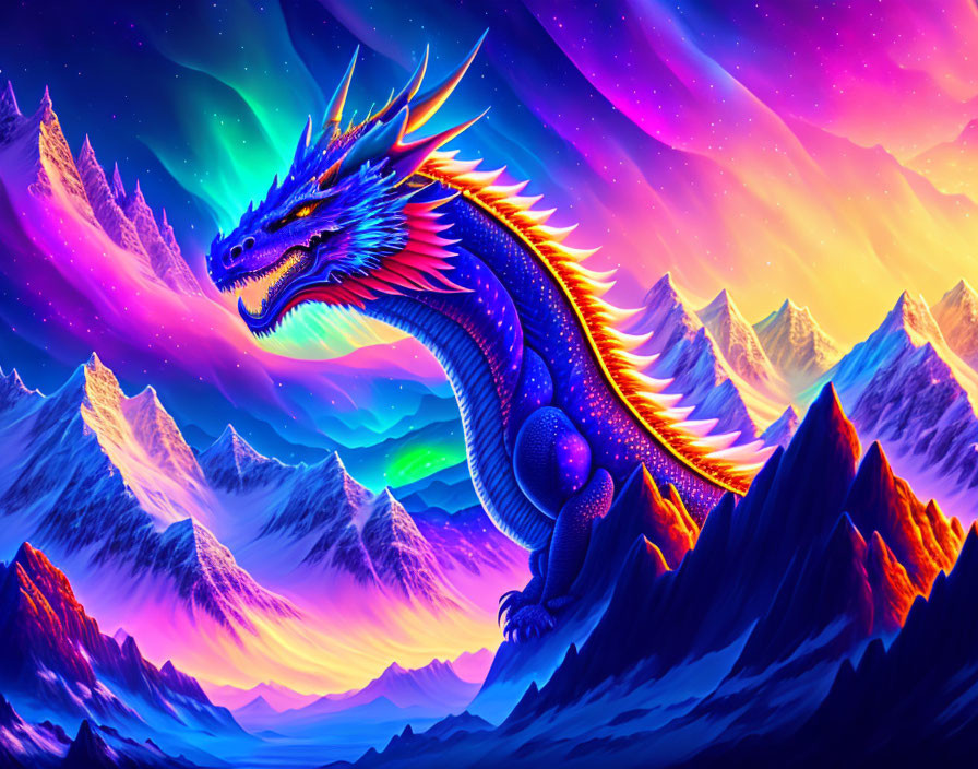 Blue dragon in neon aurora sky with mountains.