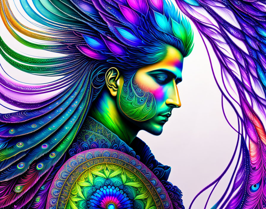 Colorful digital art: Profile view of person with stylized hair and feathers merging into intricate patterns