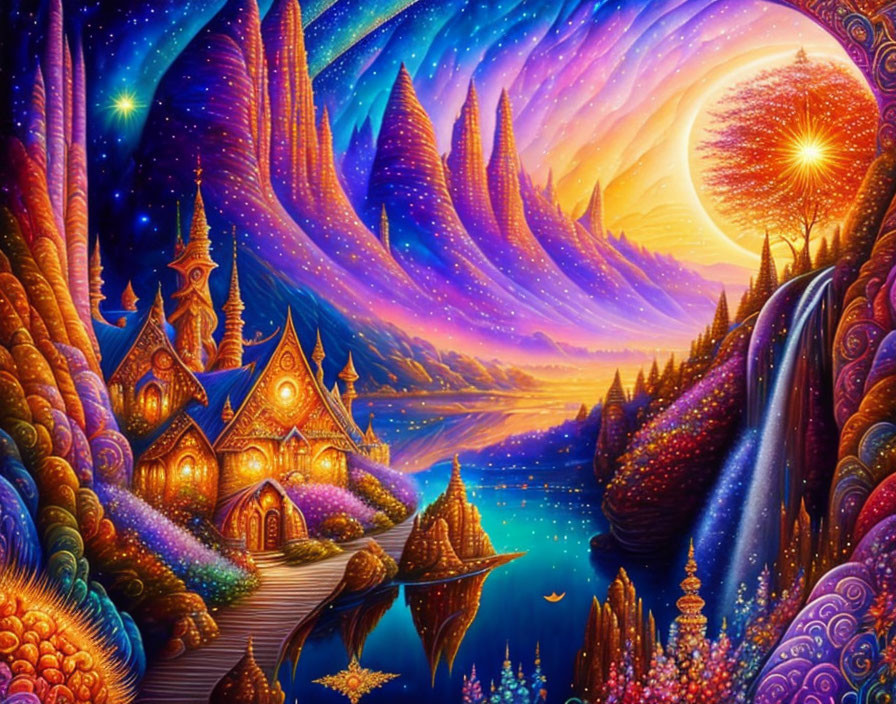 Fantasy landscape with whimsical structures, starry sky, purple mountains, glowing tree, waterfalls