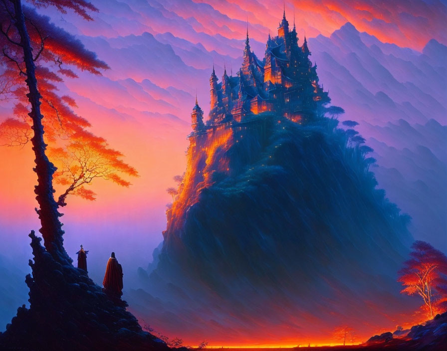 Silhouetted figures in front of fantasy castle on mountain with colorful sky