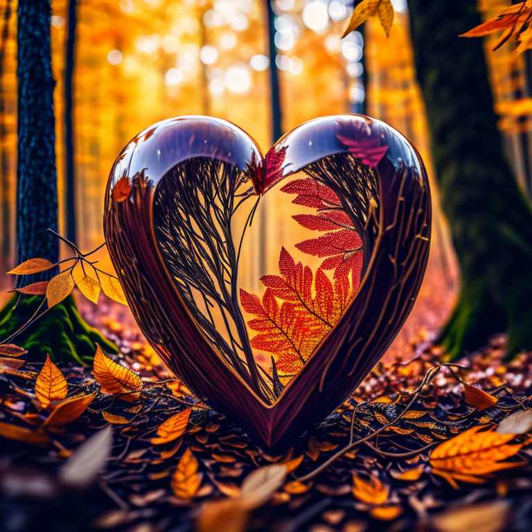 Heart-shaped reflective object among autumn leaves in forest.