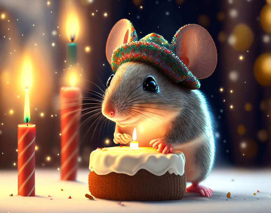 Animated mouse with colorful hat next to birthday cake in festive setting