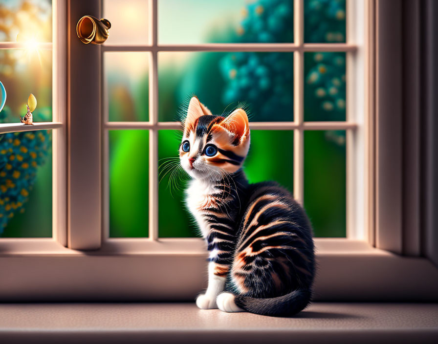 Striped kitten gazes out window with butterfly and green trees visible