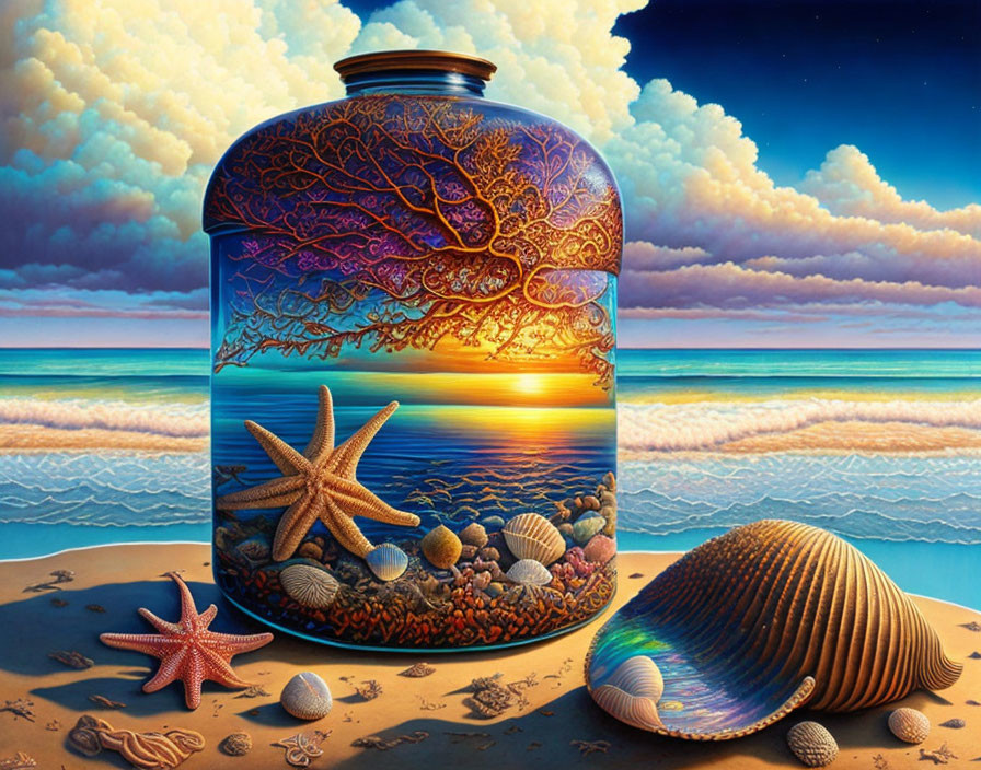 Colorful Artwork: Transparent Jar with Seascape and Beach Scene