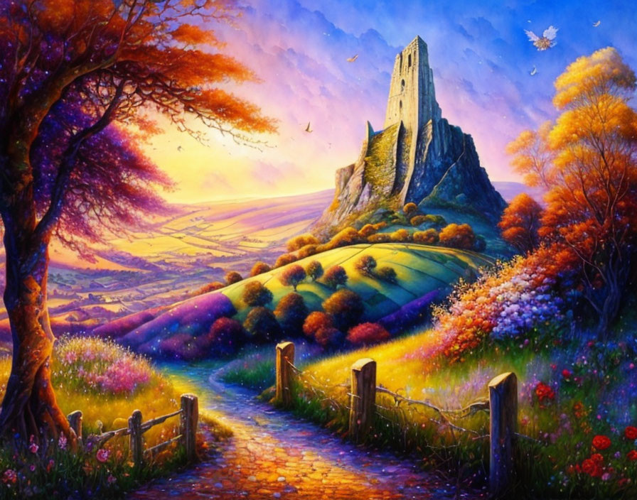 Colorful Path to Old Tower Amid Rolling Hills and Sunset Sky