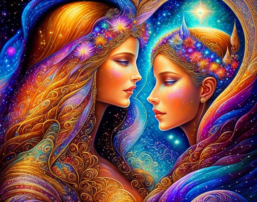 Vibrant hair and skin women with cosmic adornments on starry backdrop