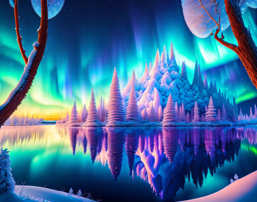 Winter scene: Snow-covered trees, aurora borealis, serene lake, twilight sky