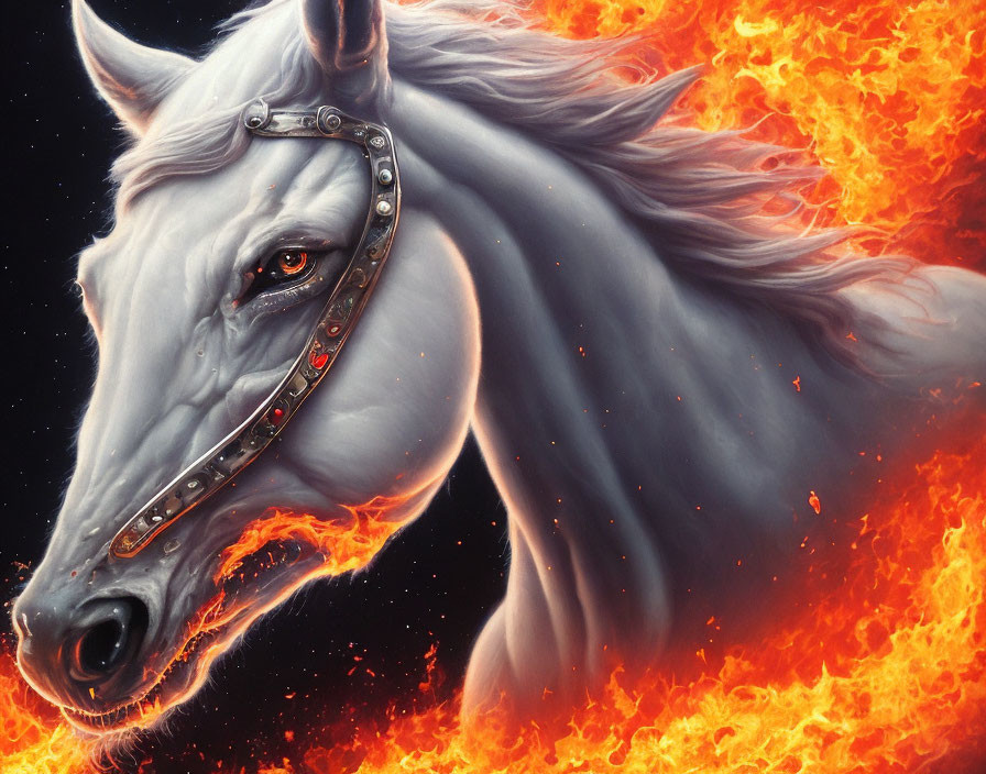 Detailed Illustration: Majestic Grey Horse with Gleaming Bridle Against Dramatic Flames