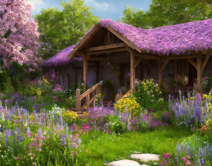 Wooden cottage with pink roof in vibrant garden under sunny sky