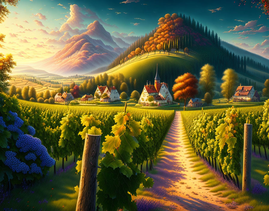 Rural landscape with vineyards, rolling hills, houses, and mountain backdrop at sunset