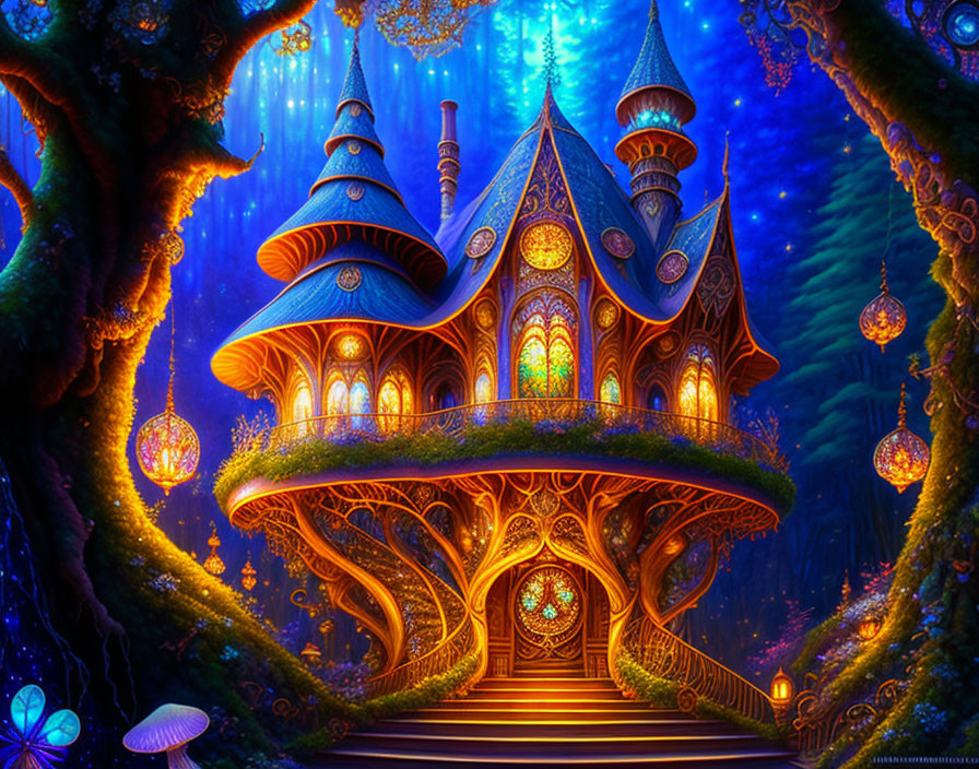 Enchanting fairy-tale palace in magical forest with lanterns & mushrooms