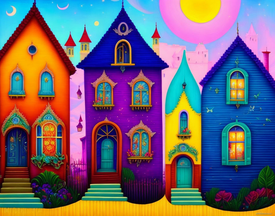 Vibrant sunset sky with colorful whimsical houses