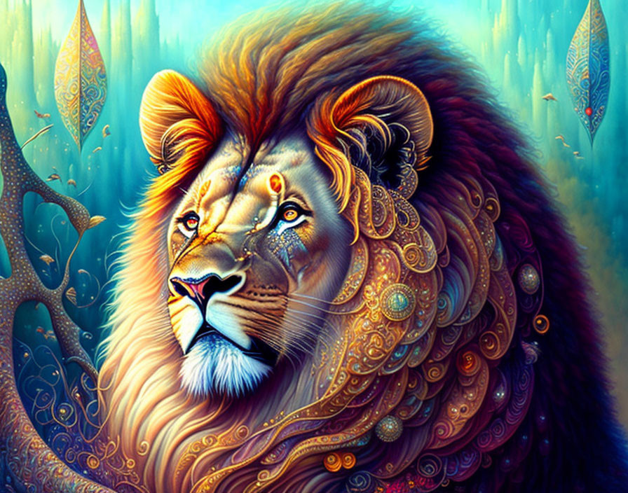 Majestic lion digital artwork with intricate mane on blue background