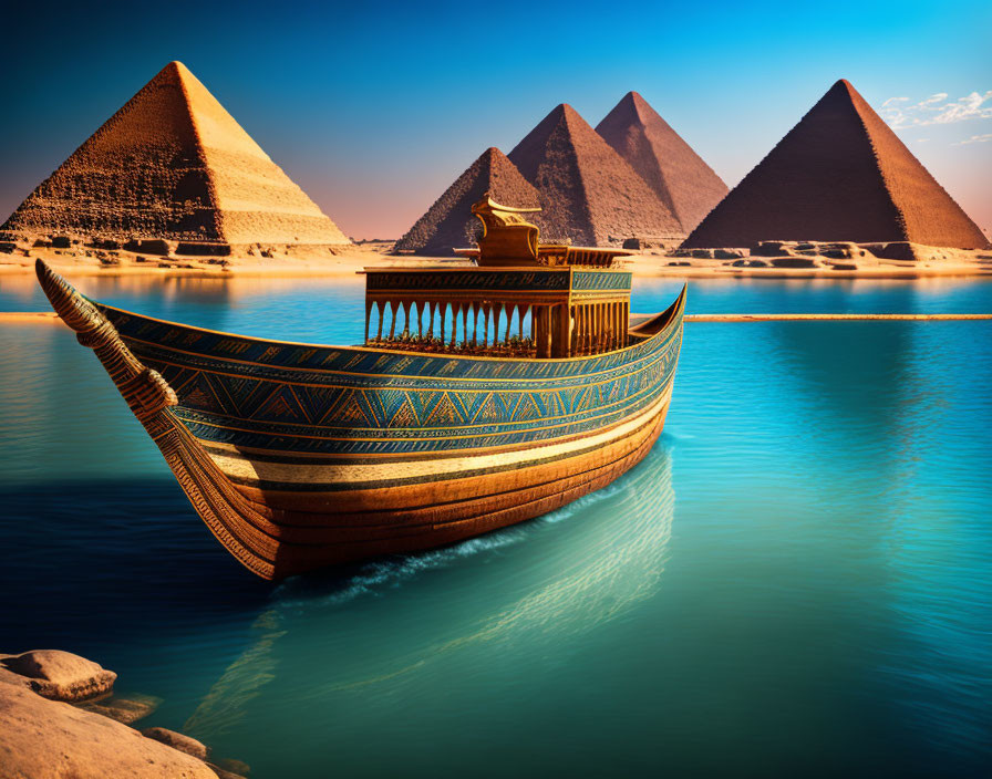 Ornate wooden boat on tranquil river with Great Pyramids in background