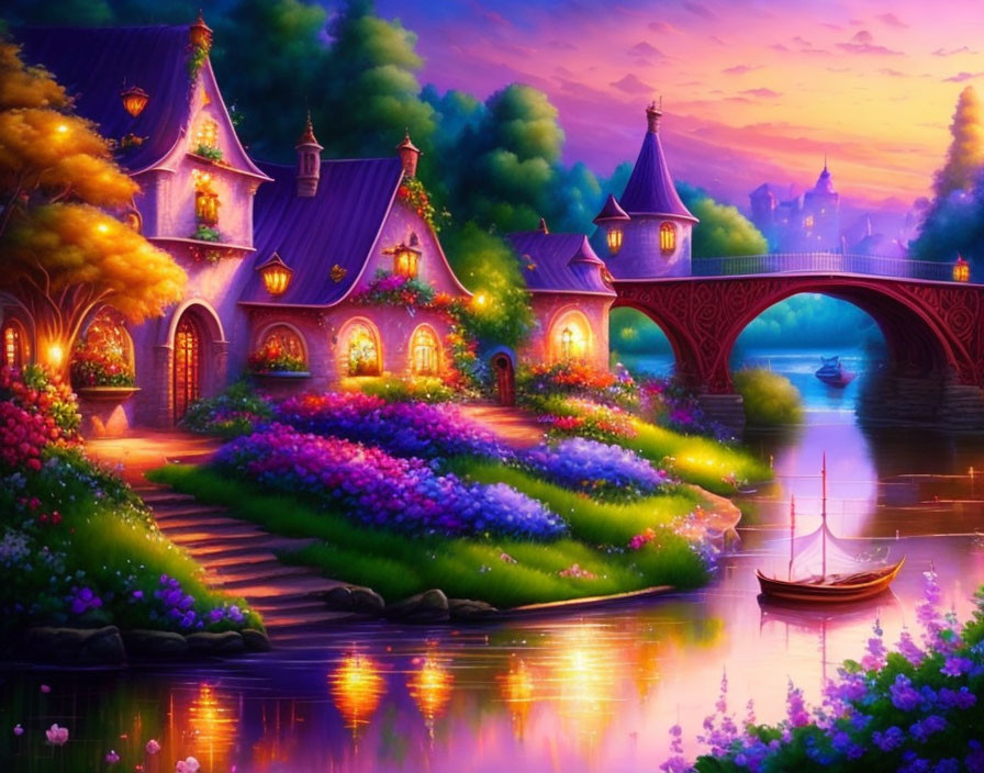 Fantasy landscape with vibrant flowers, cottage, river, boat & bridge