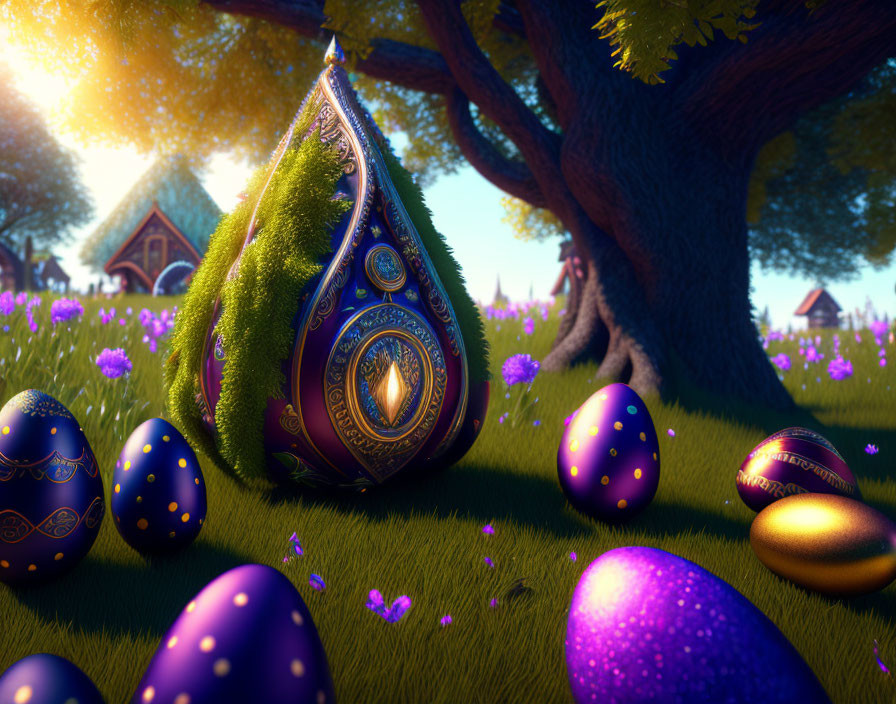 Vibrant Easter image: ornate eggs on grass under tree