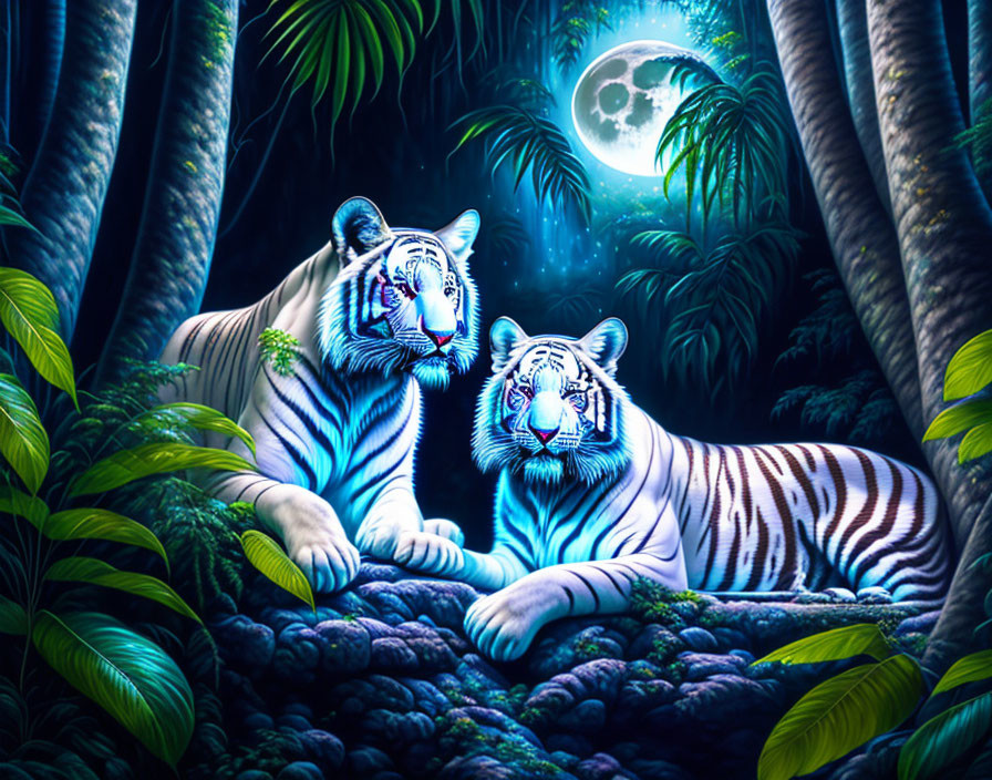 White tigers with blue stripes in moonlit jungle surrounded by foliage