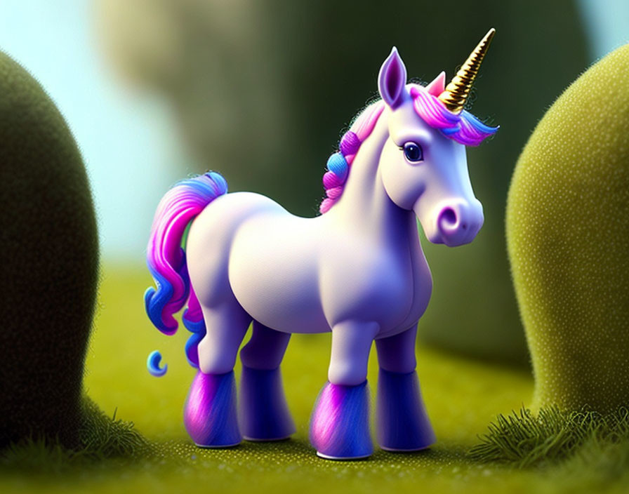 Vibrant toy unicorn illustration with purple mane and golden horn