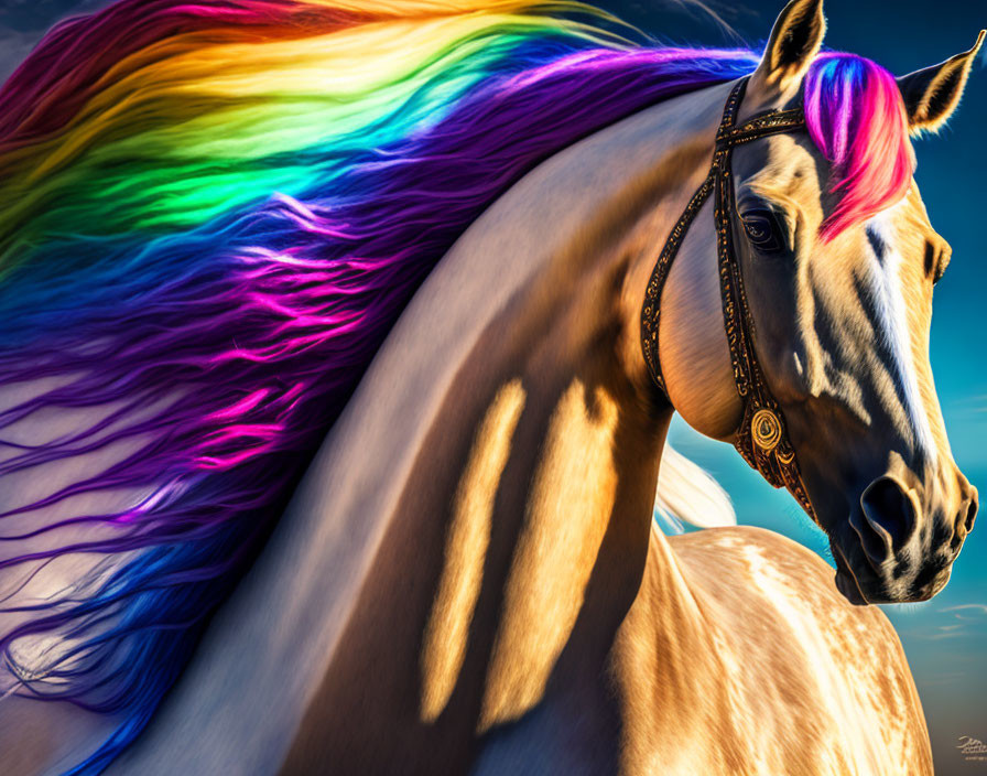 Palomino Horse with Rainbow Mane on Blue Sky Background