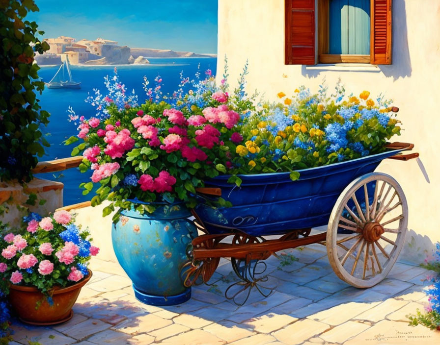 Colorful painting of blue cart with pink and blue flowers by Mediterranean-style wall.