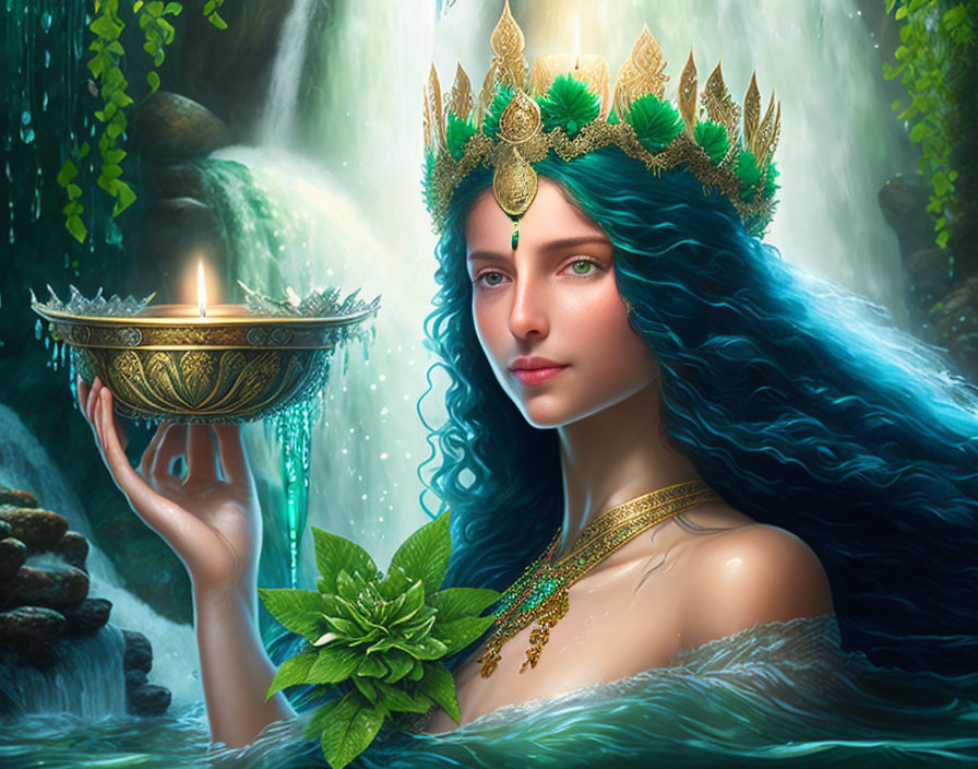 Fantastical woman with blue hair, green jeweled crown, candles, waterfall, greenery.