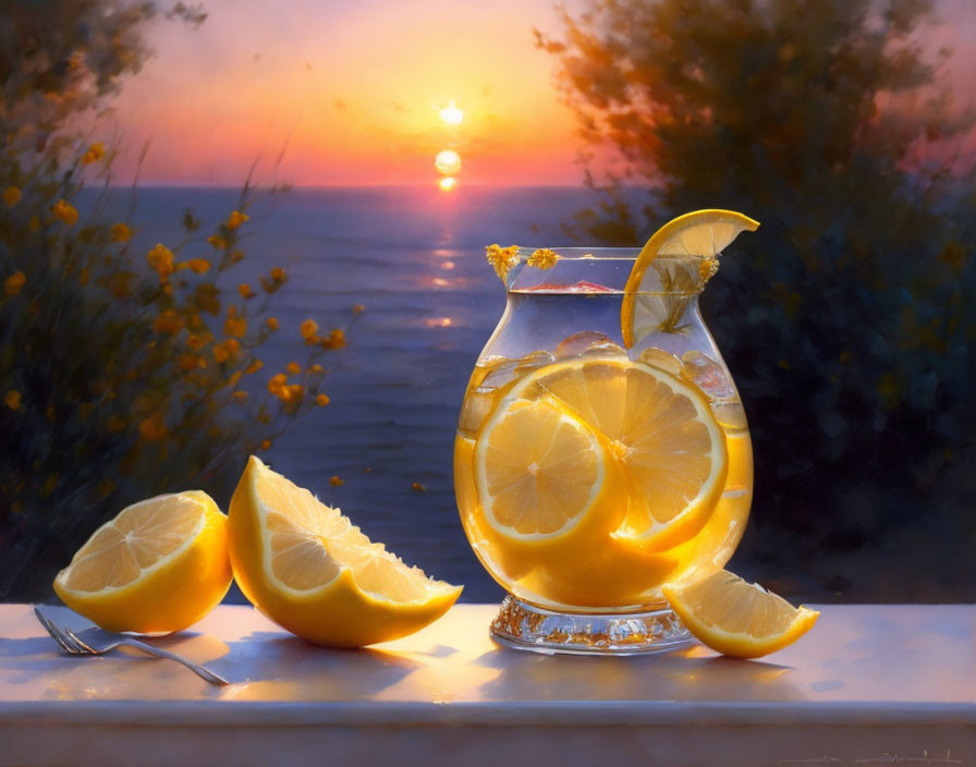 Still life painting: pitcher with lemonade and lemon slices on table at sunset