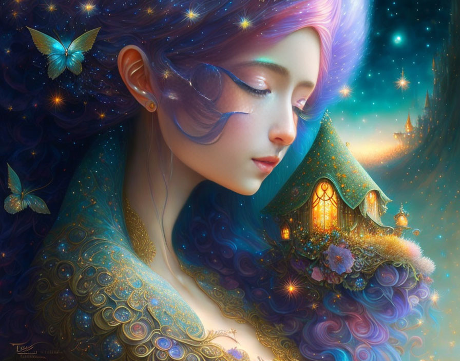 Purple-haired woman with lantern-lit house and butterflies in starry scene