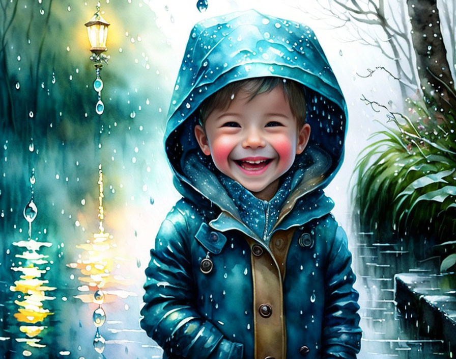 Child in Blue Hooded Coat Smiling in Rainy Setting