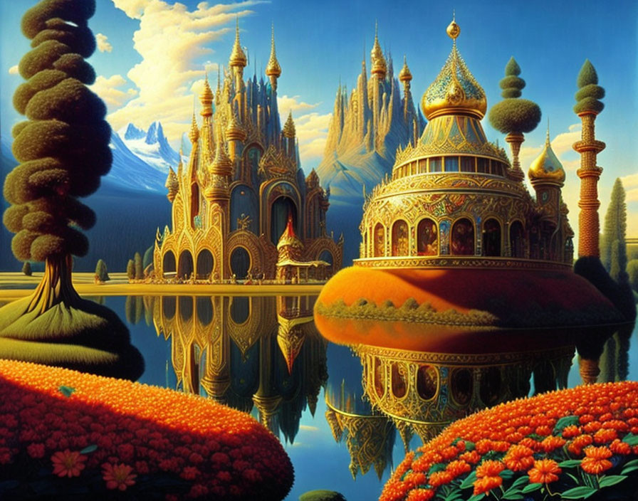 Fantastical landscape with golden-domed buildings, reflective lake, flowers, and mountains