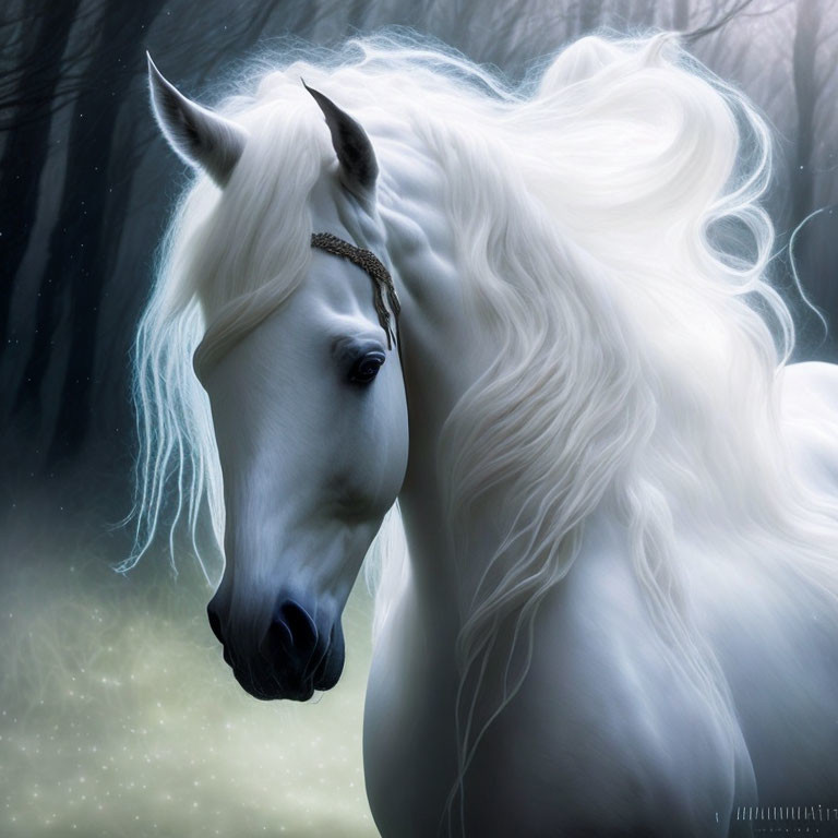 Majestic white horse in misty forest setting