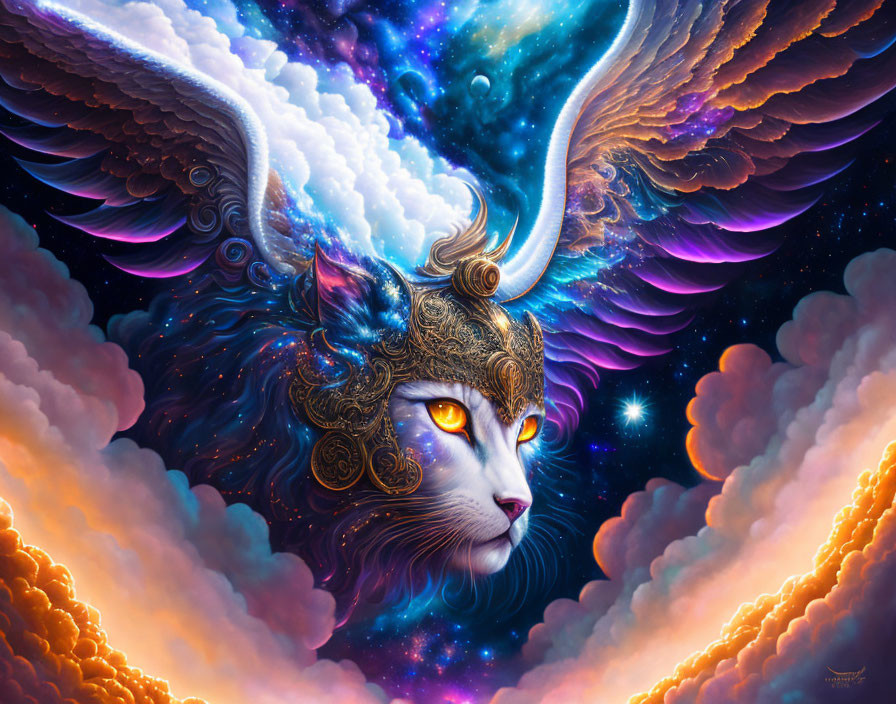 Majestic cosmic cat with curved horns in ornate mask against vibrant nebulae.