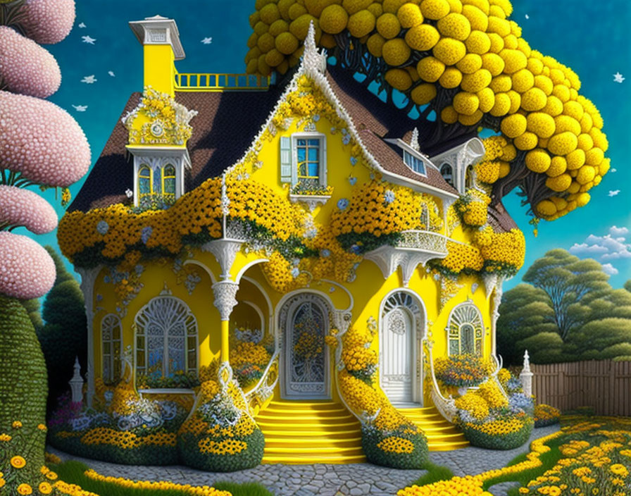 Yellow fairytale cottage with white balconies in magical garden