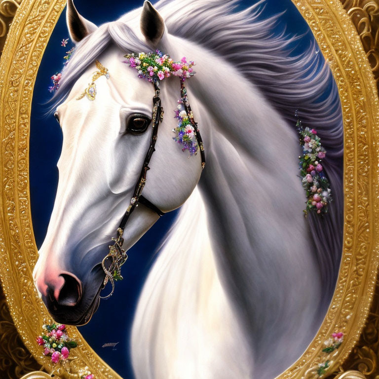 White Horse with Flowing Mane and Flowers in Ornate Golden Oval