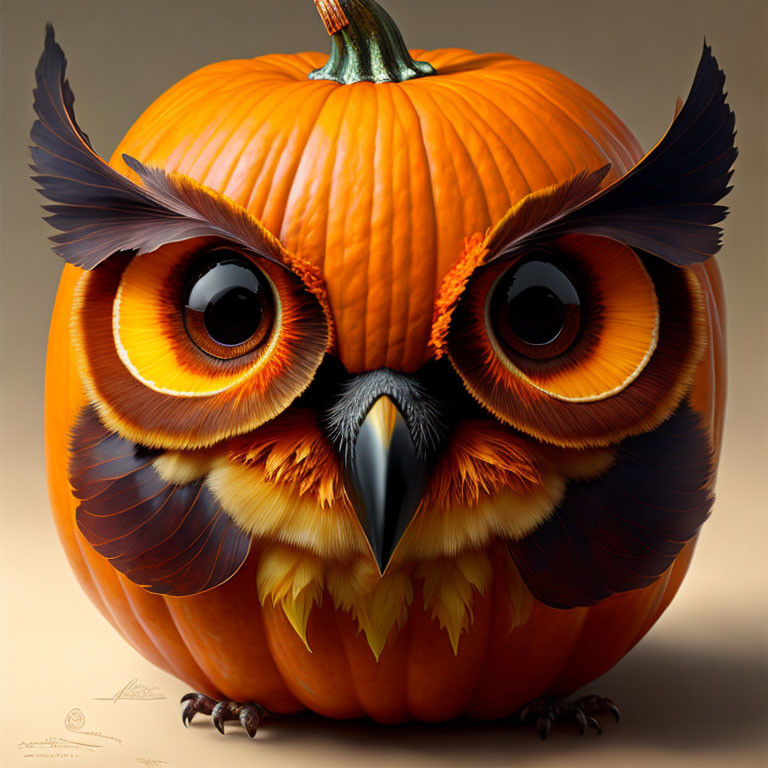 Whimsical creature illustration: owl features with pumpkin.