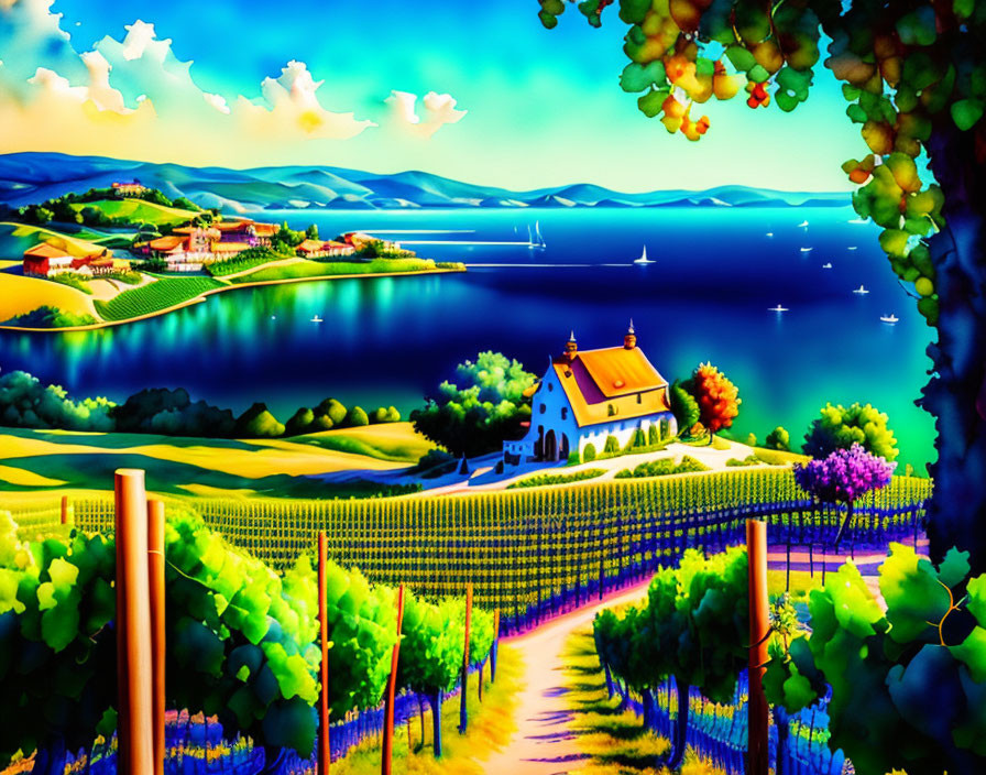 Vibrant rural landscape with vineyard, house, lake, and hills