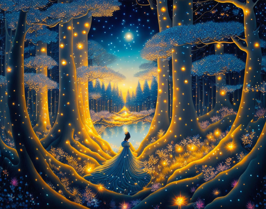 Enchanted forest scene with glowing trees, fireflies, starlit sky, and crescent moon