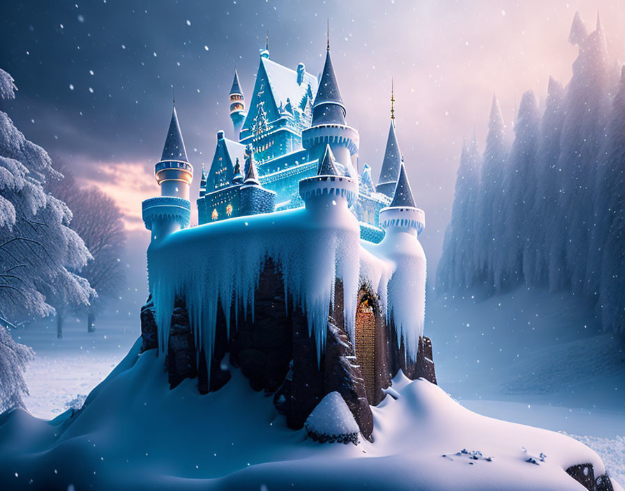 Snowy hilltop castle with sparkling lights and snow-covered trees under twilight sky