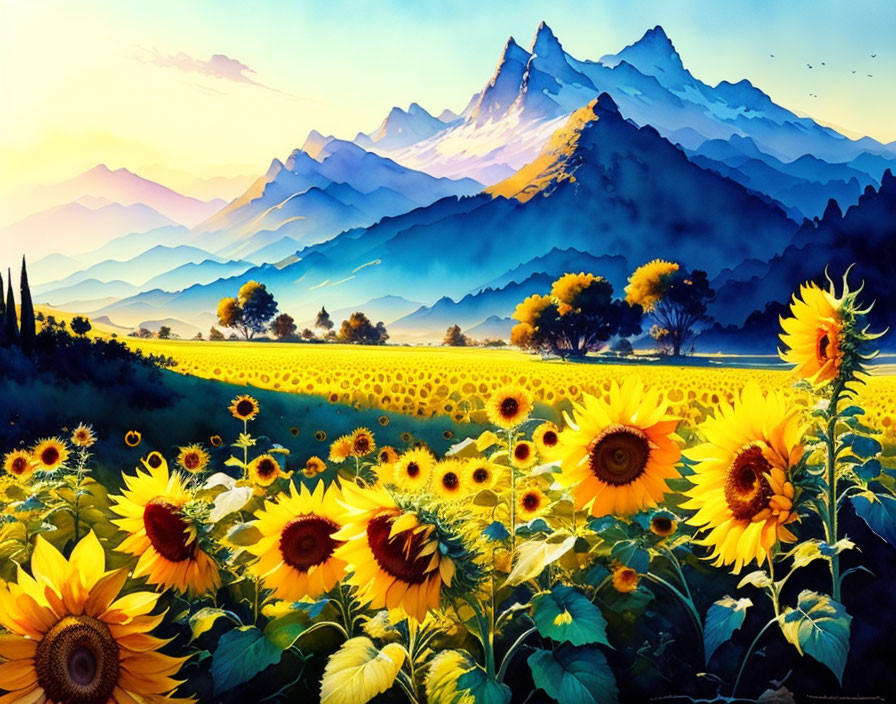 Sunflower Field Illustration with Blue Mountains & Bright Sky