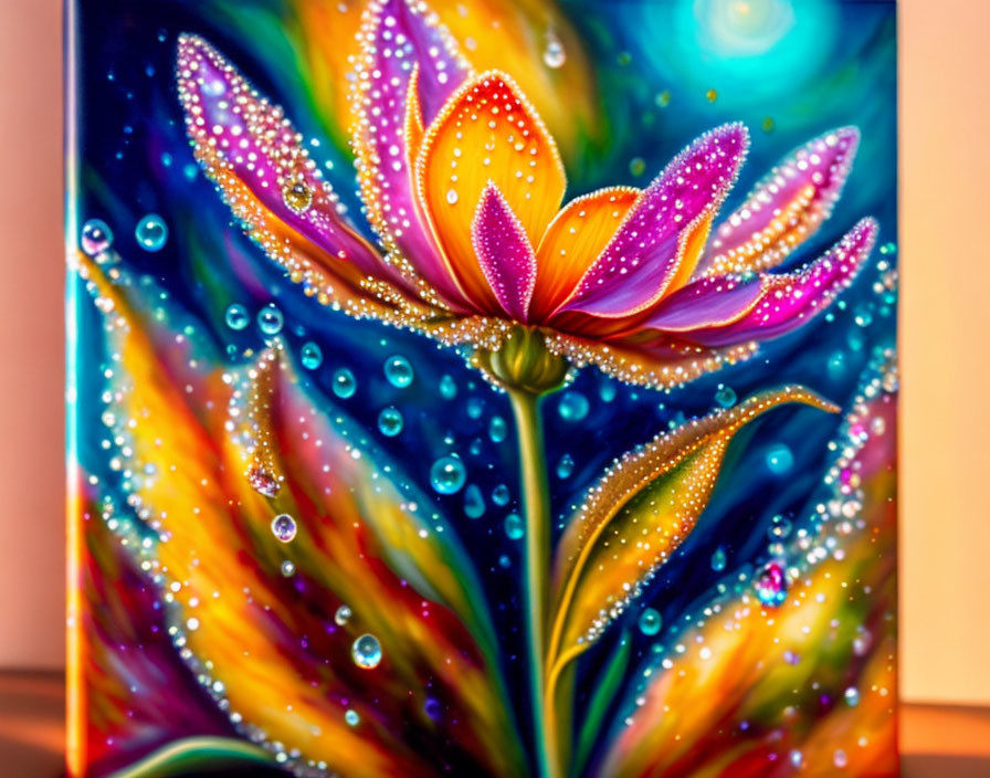 Colorful Flower Painting with Dewdrops on Petals and Multicolored Background